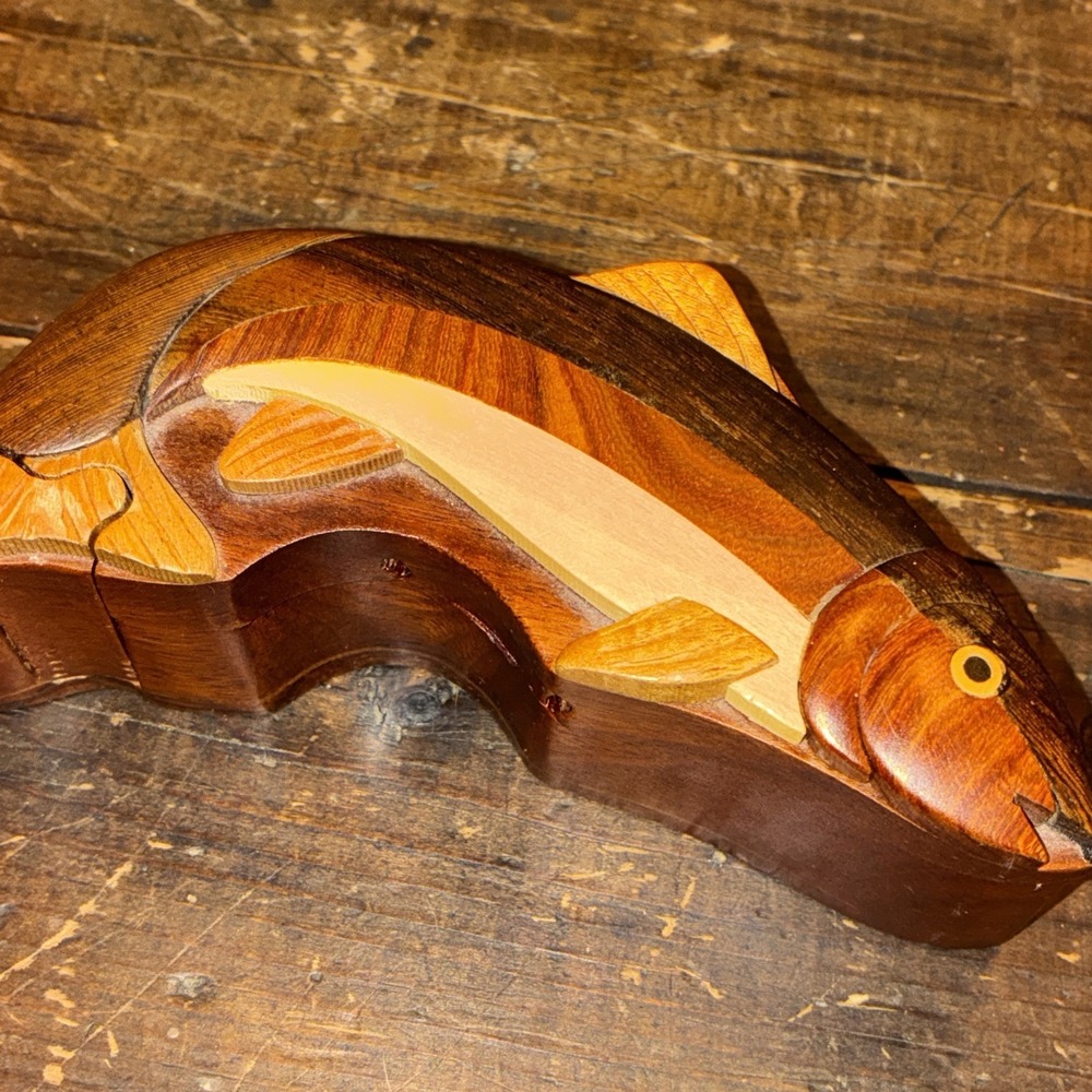 Trout Handcrafted Wooden Intarsia Puzzle Box‎ Secret Chamber Jewelry Trinket